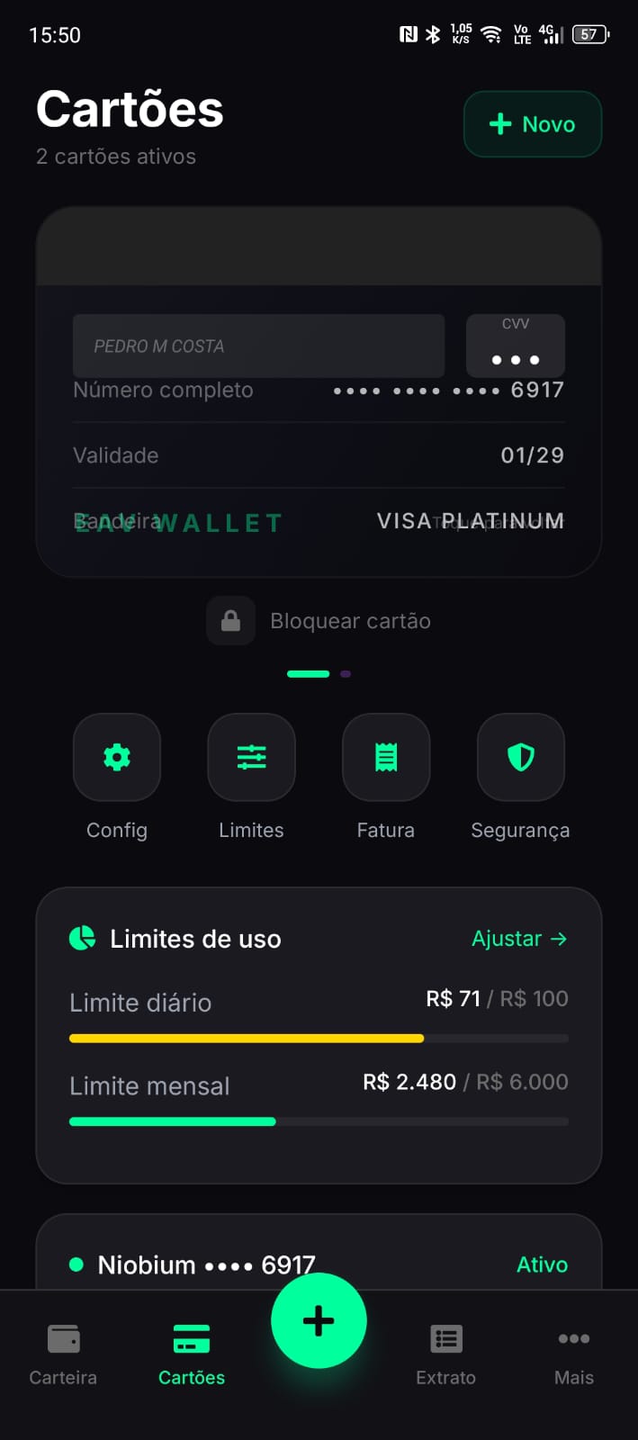 Tela de cartões da EAV Wallet