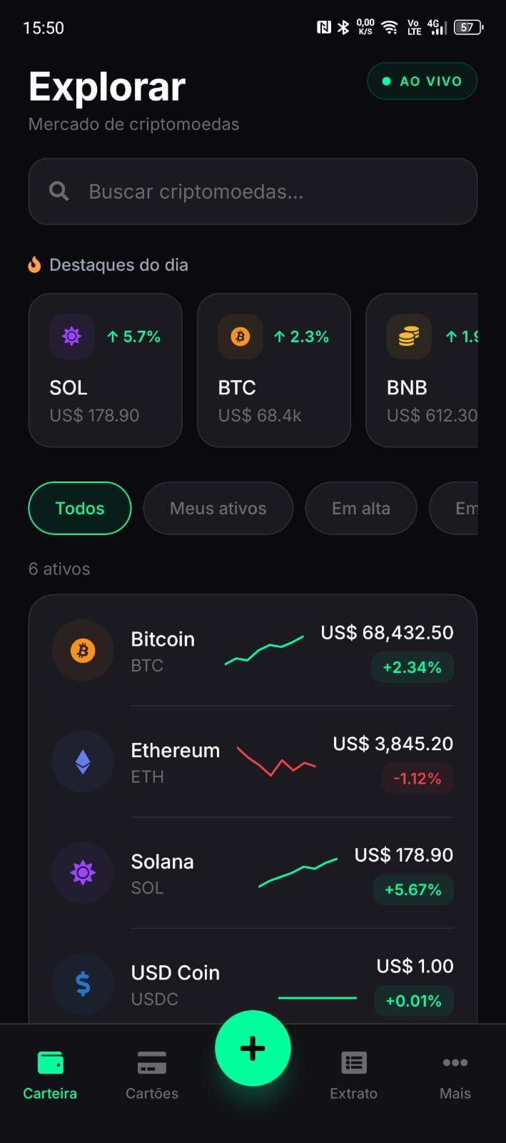 Tela Explorar mercado de criptomoedas da EAV Wallet