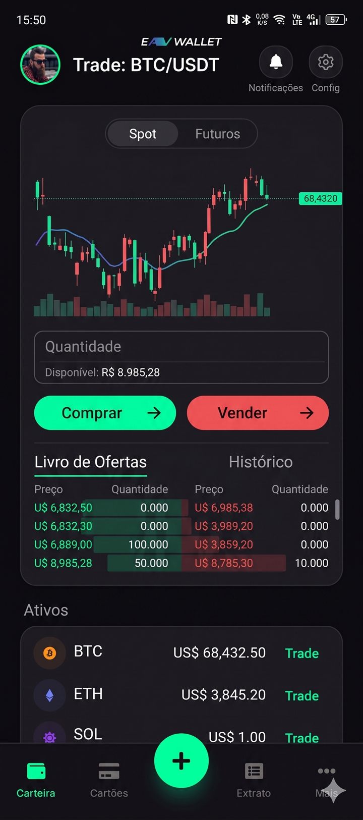 Tela Trade BTC/USDT do app EAV Wallet com gráfico de candles, livro de ofertas e ativos